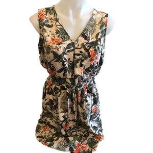 Dynamite Floral Cream Green Orange Elastic Waistband Sleeveless Dress